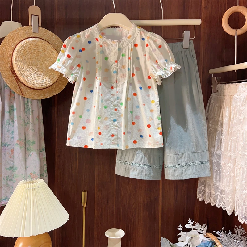 现货【彩虹豆】5974女童纯棉衬衫上衣2024年新款夏季洋气小清新波点