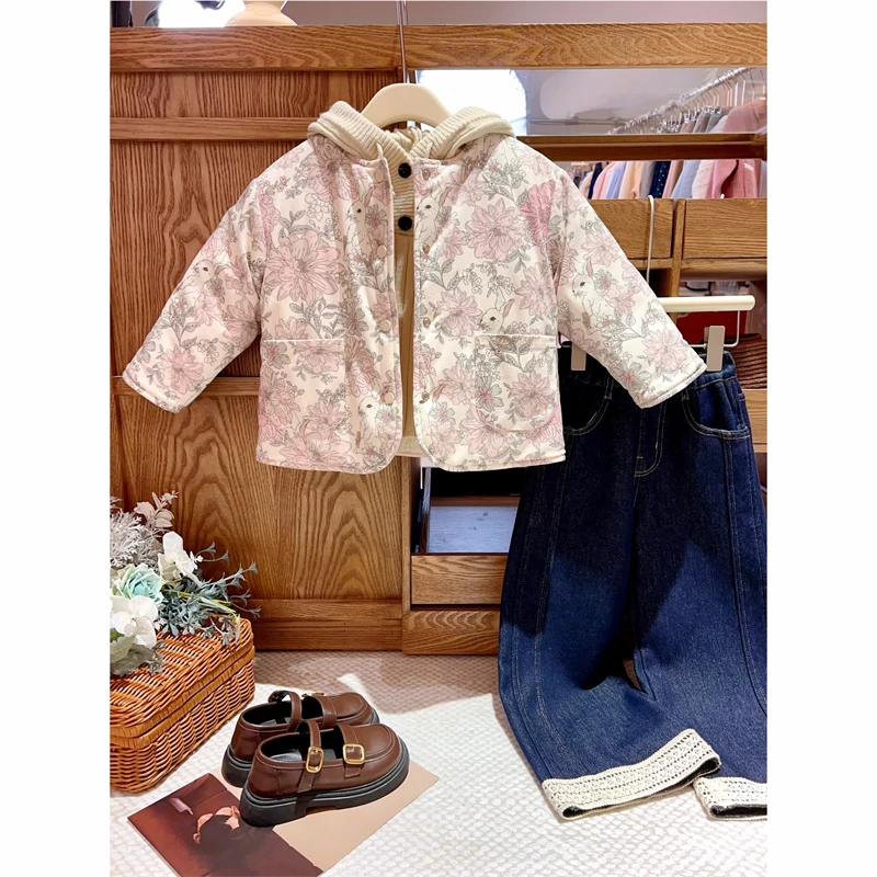 现货【花璃】夹棉加厚4259女童正反两面穿棉服百搭外套保暖冬款