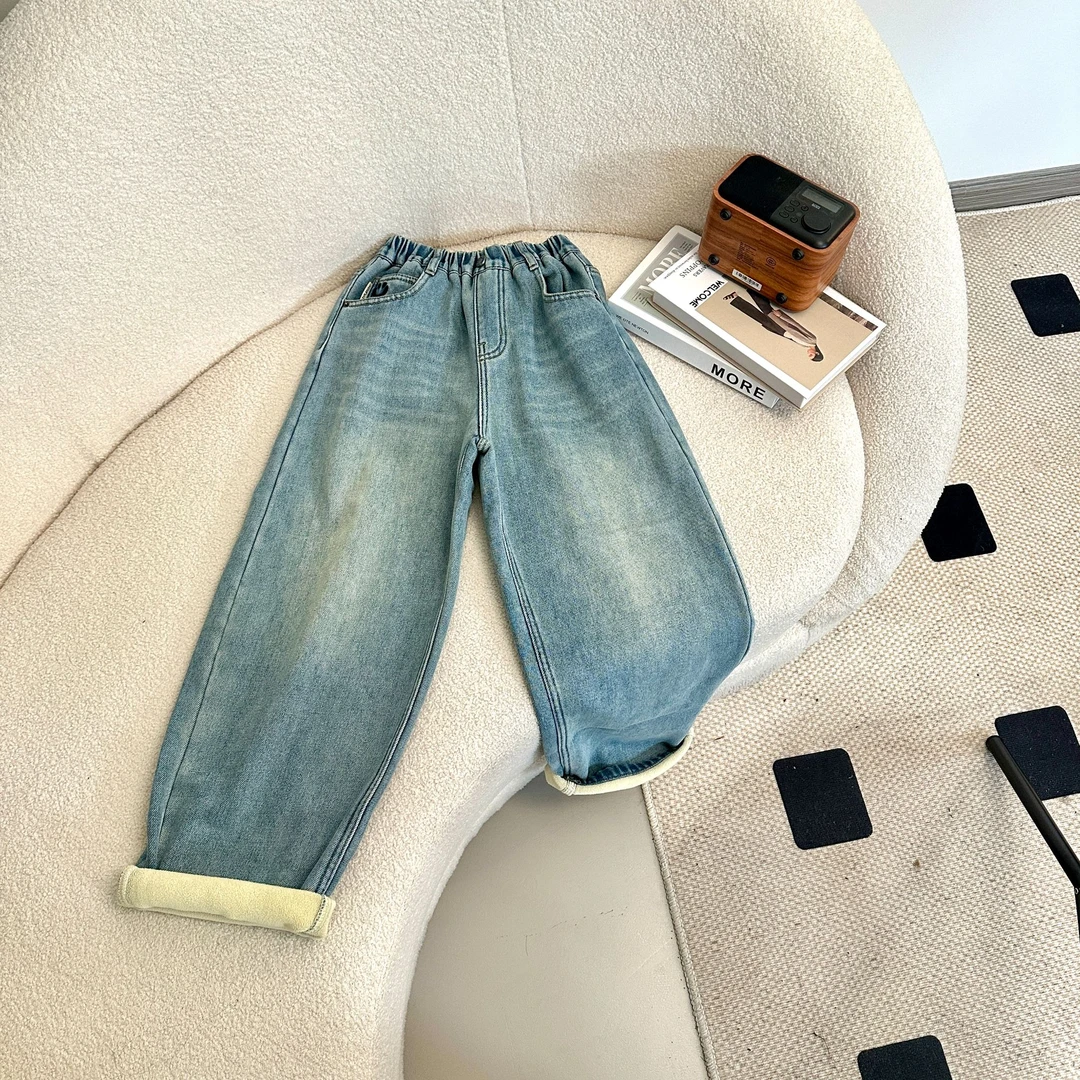 青少年浅色牛仔时尚百搭宽松加绒笑脸牛仔裤小脚裤HWD028韩版