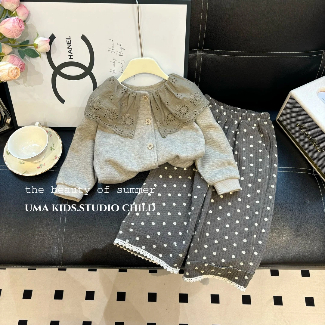 2025春季新款儿童套装女童重工刺绣领开衫外套+波点裤子两件套