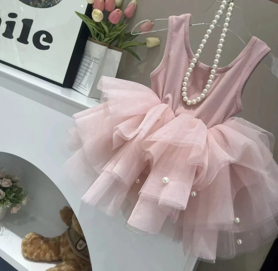 女童新款2024年夏季童装韩版百搭黑天鹅珍珠蓬蓬裙吊带背心裙
