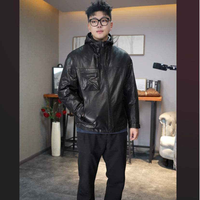 男士休闲帽款鹅绒内胆皮衣