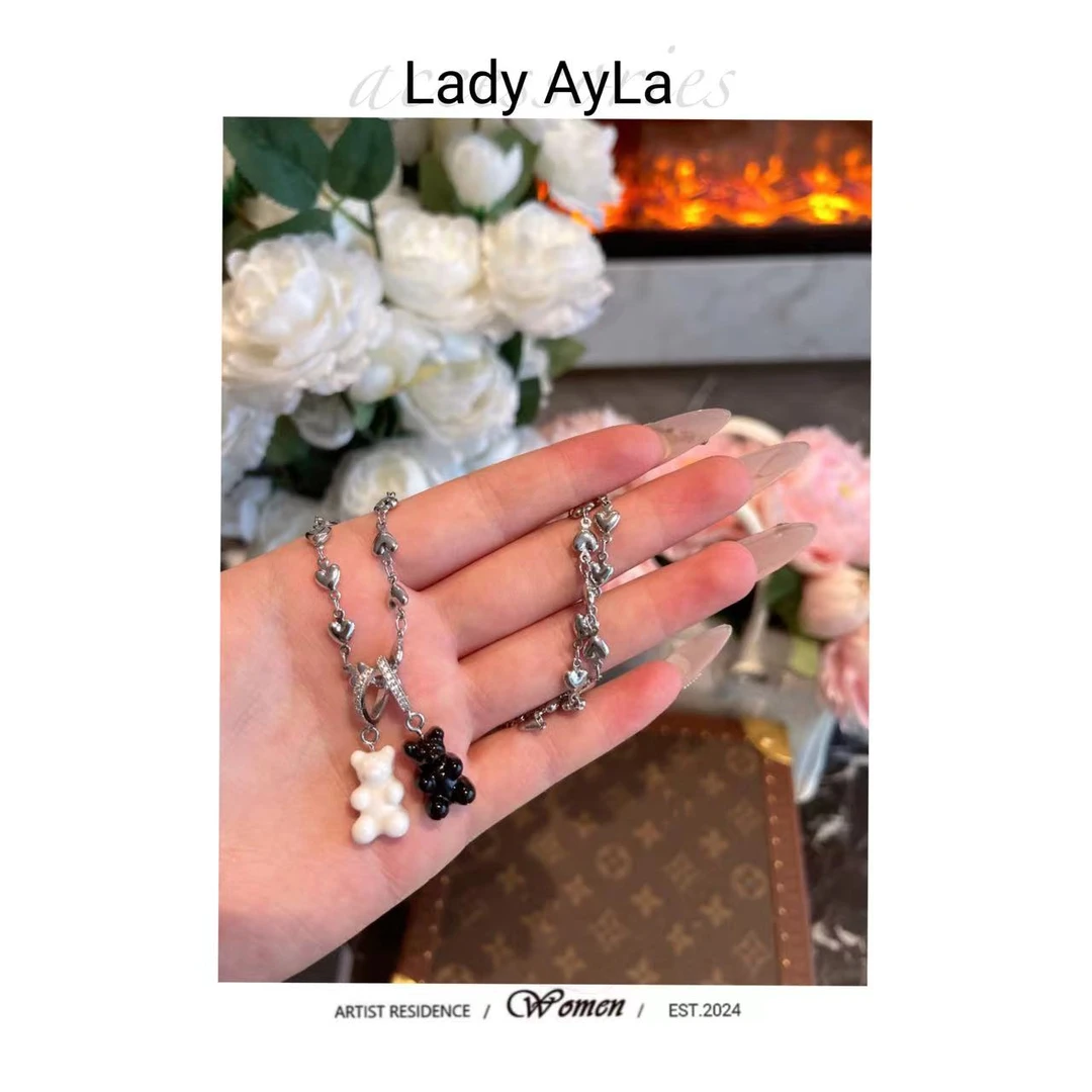 铜合金项链 黑白小熊吊坠爱心链时尚闪锆项链AL390