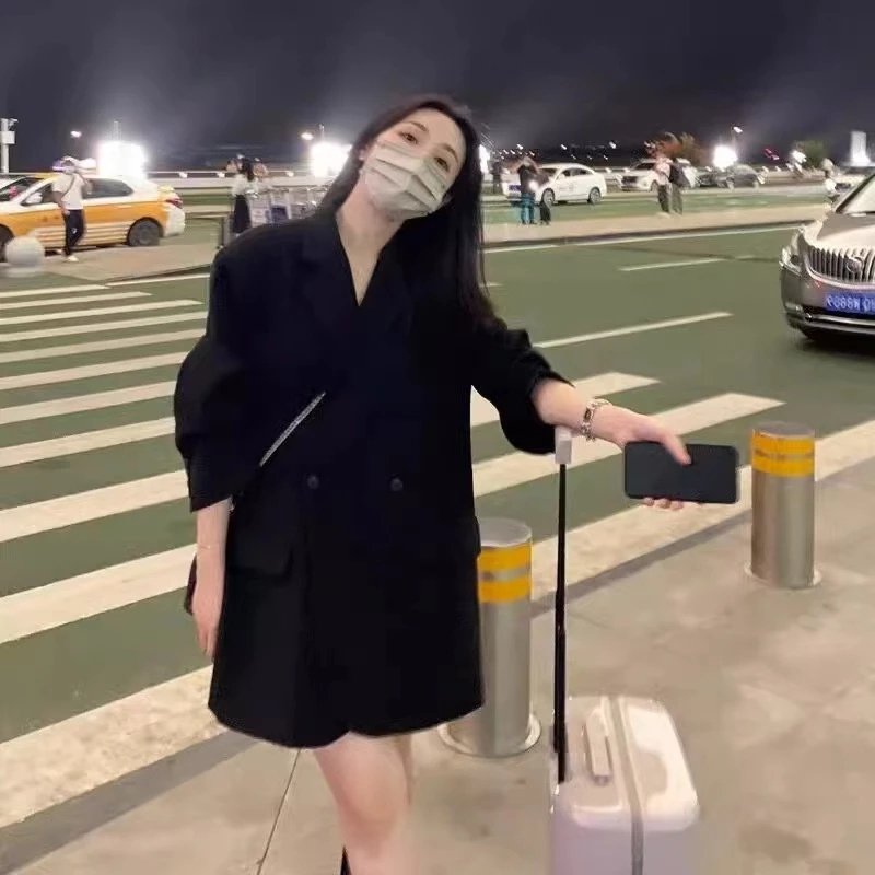 大码韩系黑色高级感西装外套女2023春秋新款时尚休闲宽松廓形西服