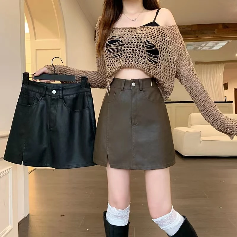 大码女装2023早秋新款胖妹妹高腰A字版百搭半身裙显瘦pu皮裙短裙