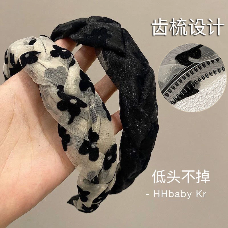 气质韩版2025新款发箍女发卡发饰复古花朵欧根纱编织高颅顶头箍女