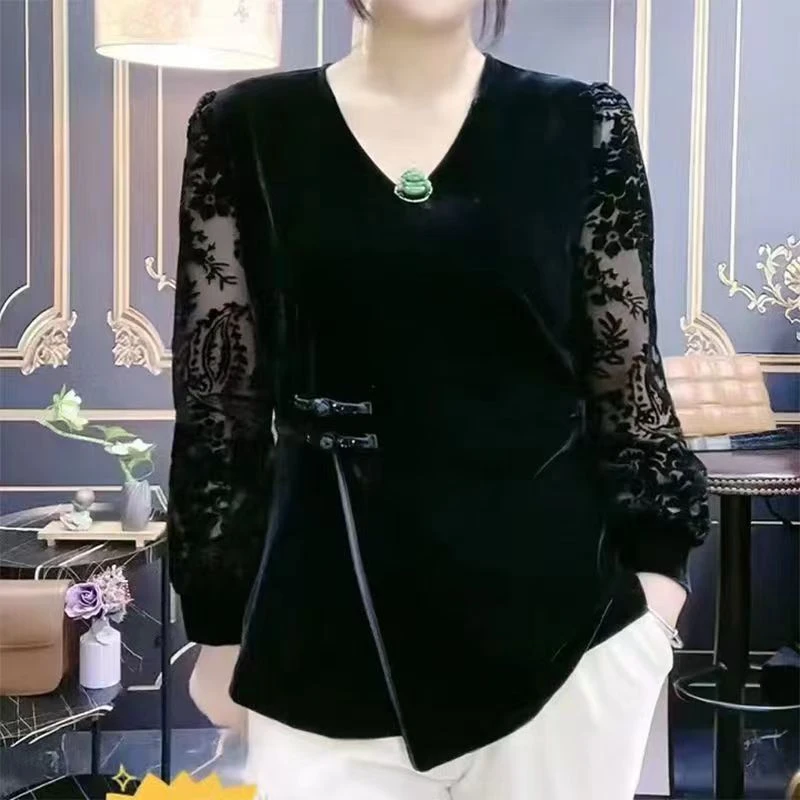 中年打底衫女2024年春秋i新款妈妈时尚气质长袖镂空丝绒小衫H006