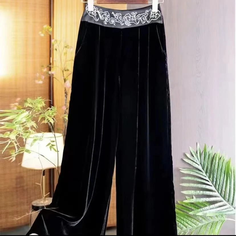 H005秋冬新款金丝绒阔腿裤女重工刺绣显瘦直筒长裤