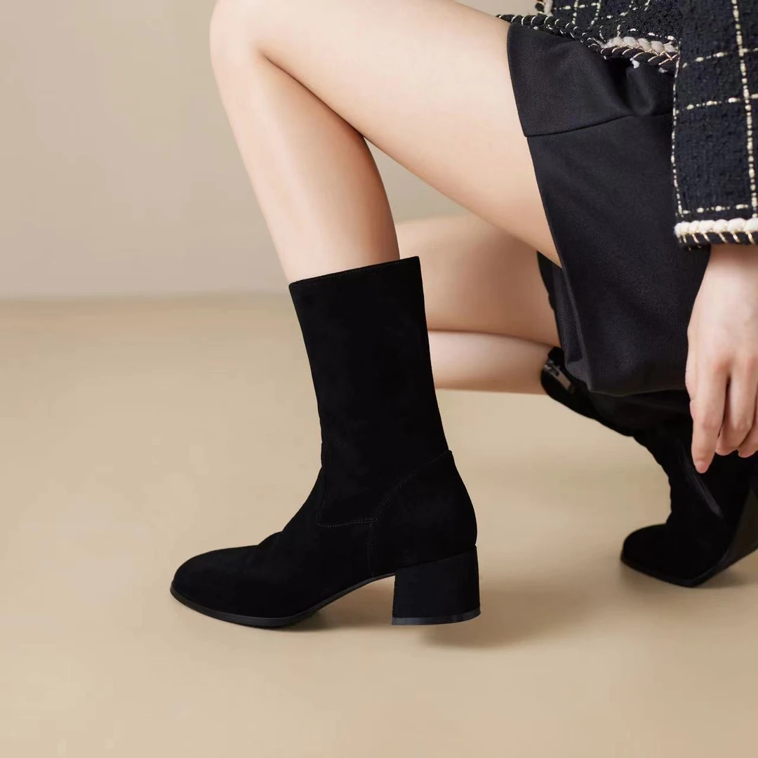 女防滑中跟粗跟马丁靴女靴低跟时装筒靴长筒中筒秋冬百搭瘦瘦靴