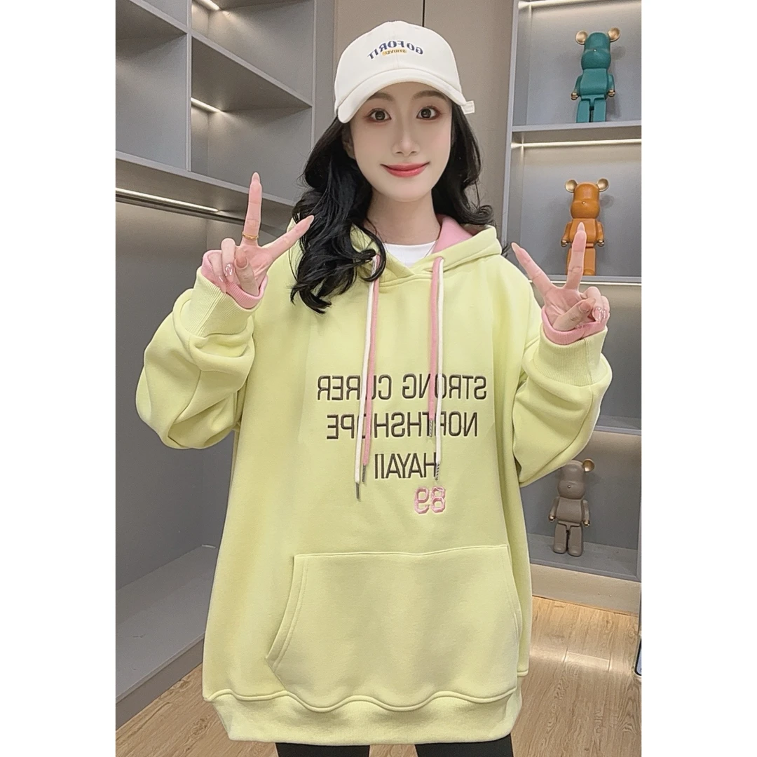 樊范儿2024秋冬加绒加厚带帽卫衣女帽子拼色宽松显瘦上衣女FE577