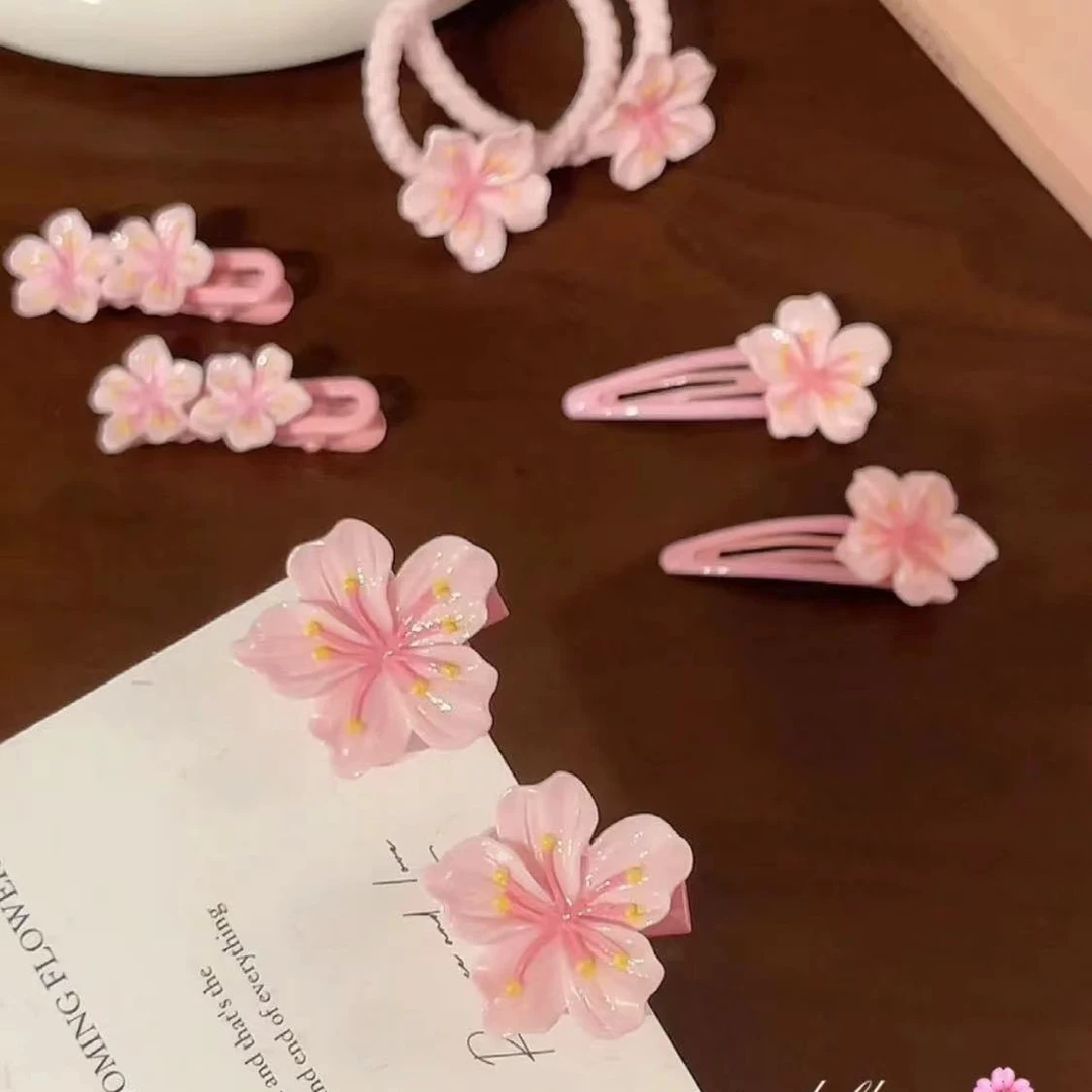 温柔粉色樱花发夹甜美少女奶油质感可爱前额侧边碎发bb夹发圈发饰