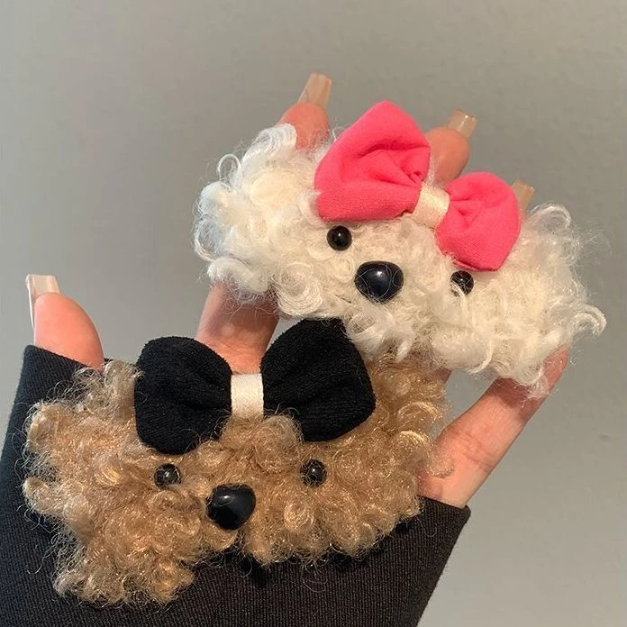 羊羔毛小狗发夹女秋冬季日系小众蝴蝶结边夹少女心卡通毛绒绒发饰