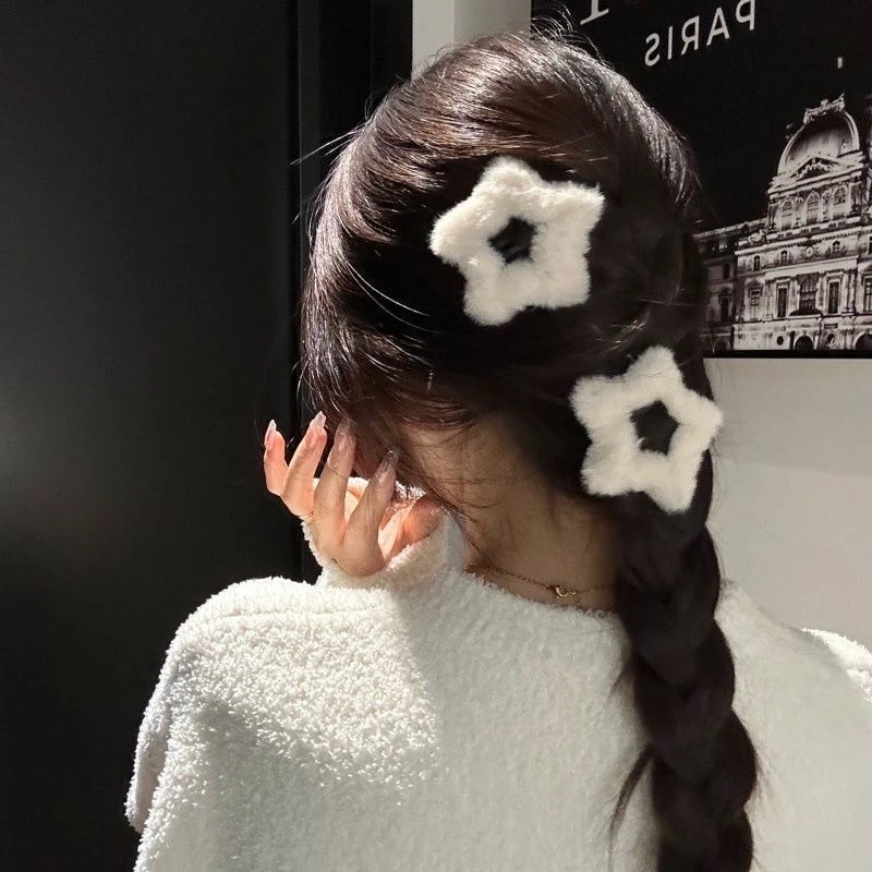 小众ins少女毛茸茸发夹简约星星bb夹秋冬毛绒五角星边夹可爱发饰i