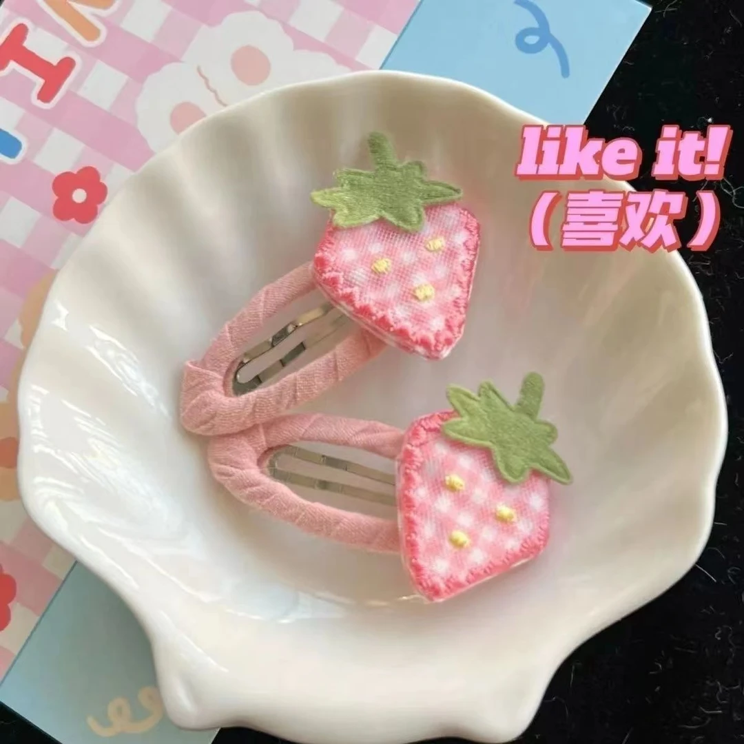 粉色草莓布艺bb夹高颜值甜美可爱少女刘海鸭嘴水果发饰侧边学生in