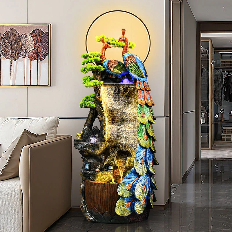 生财流水喷泉摆件落地客厅加湿器水景孔雀办公室内奢华门店装饰品