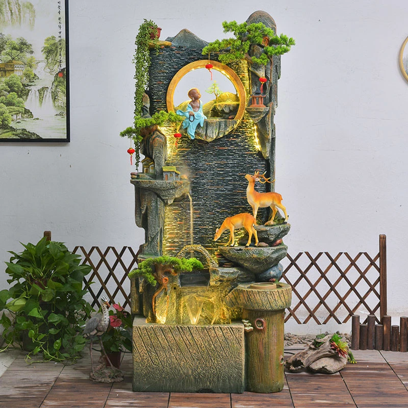 新中式流水喷泉电视柜旁边轻奢落地禅意庭院景观玄关客厅假山摆件