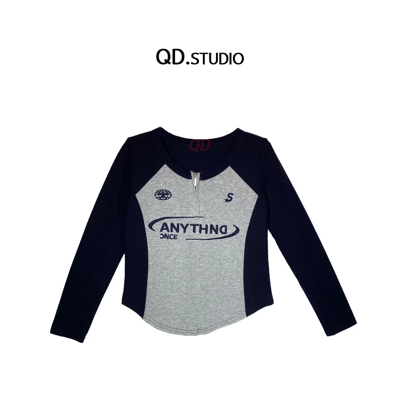 大码女装2024秋季新款半拉链长袖印花拼色T恤上衣2907