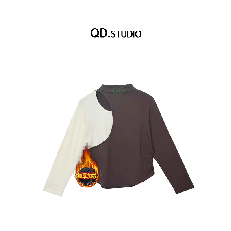 2024大码女装秋冬新款镂空拼色长袖加厚保暖打底衫3063