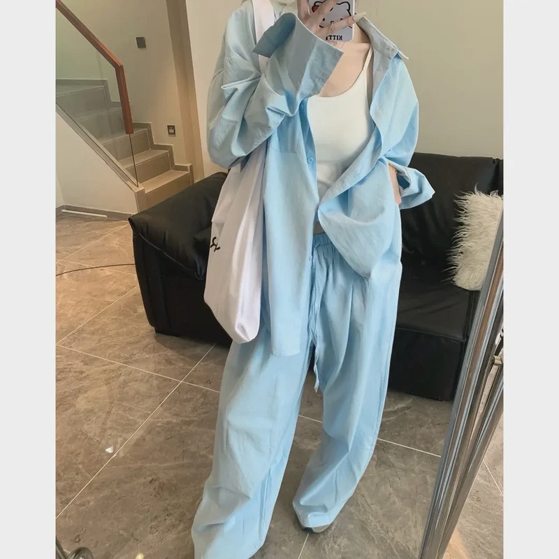 长袖蓝色休闲小众薄款上衣慵懒防晒纯棉衬衫套装夏季轻薄两件套