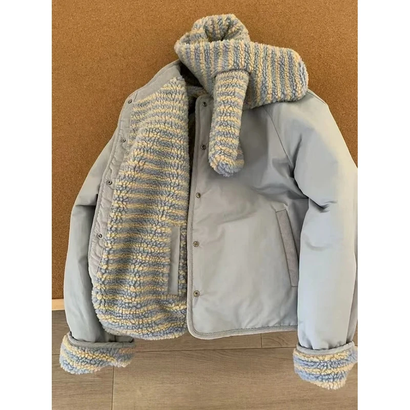 双面穿ins休闲百搭情侣保暖韩版秋冬韩系条纹围脖二件套棉服外套