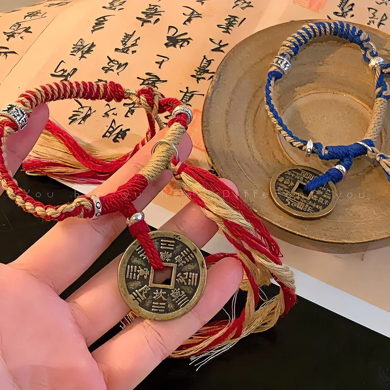 新中式编织手链山鬼花钱红绳藏式铜钱情侣古风本命年简约民族男款