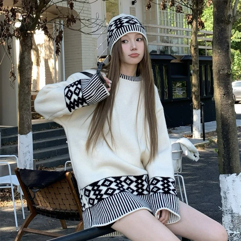 秋冬休闲拼色复古提花毛衣+帽子套装女宽松慵懒风针织打底衫z314