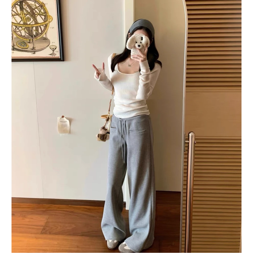 秋冬时尚加绒百搭休闲裤宽松显腿长垂坠感阔腿裤显瘦外穿高腰z359