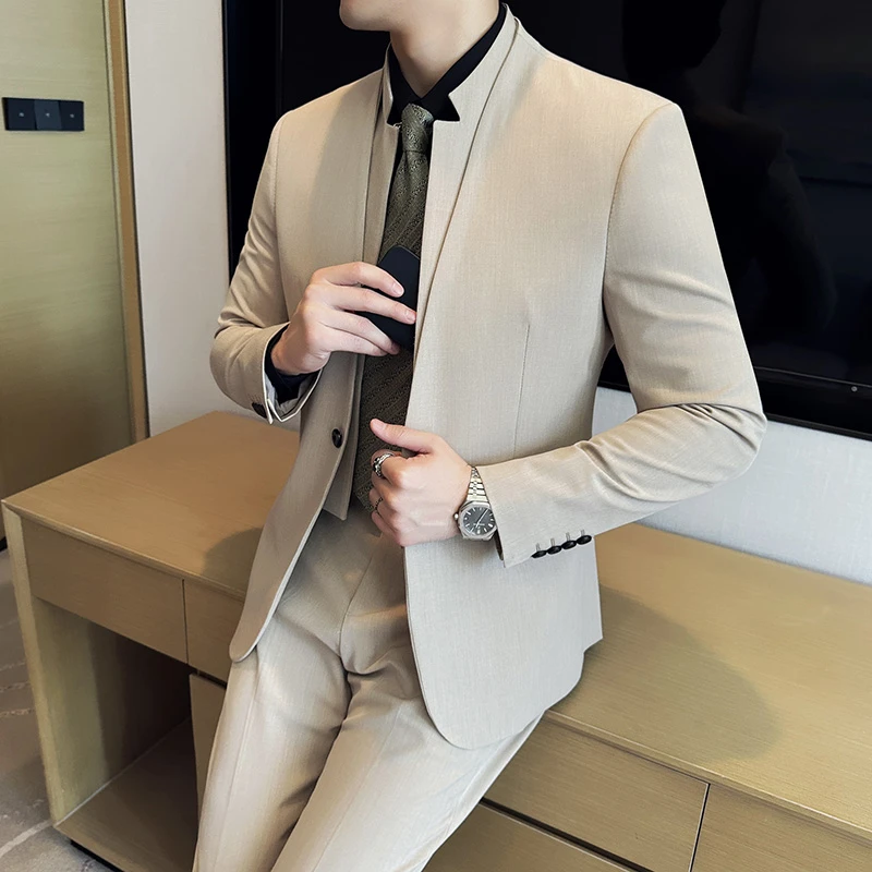 拼接双层领西服套装男士韩版潮流修身商务休闲通勤轻奢痞帅男装