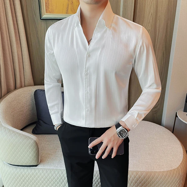 英伦风高级感条纹修身长袖衬衫男士秋季潮牌高端商务休闲衬衣痞帅