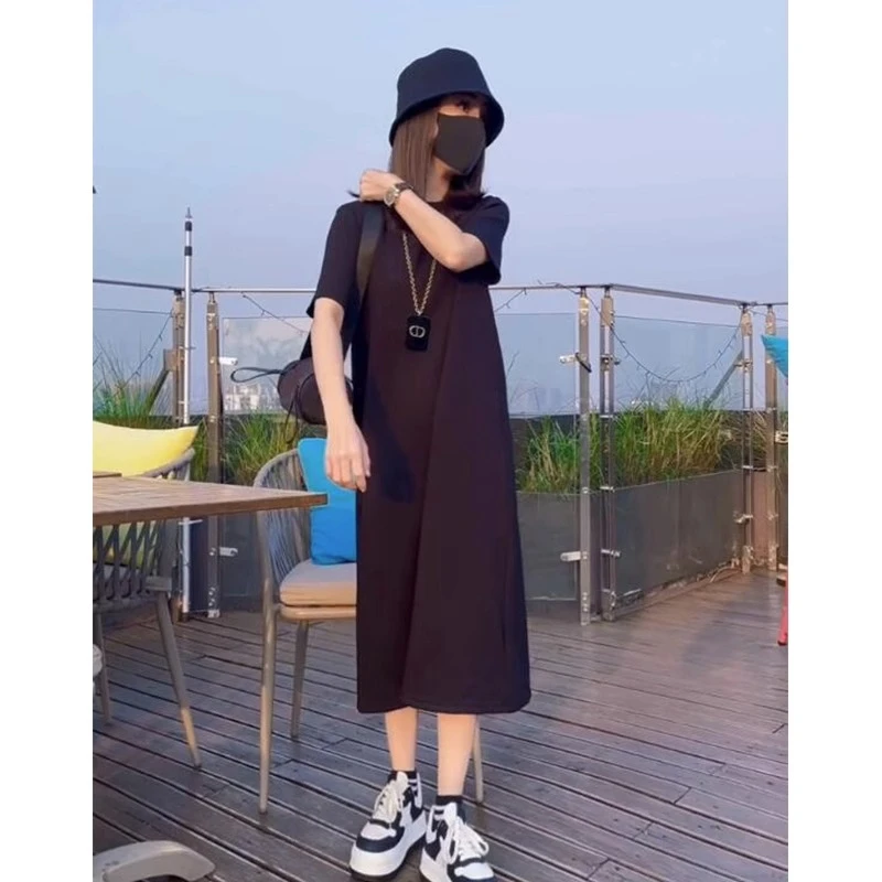显瘦宽松过膝长裙新款连衣裙女款2023爆款微胖肚子录途妹妹MM长裙