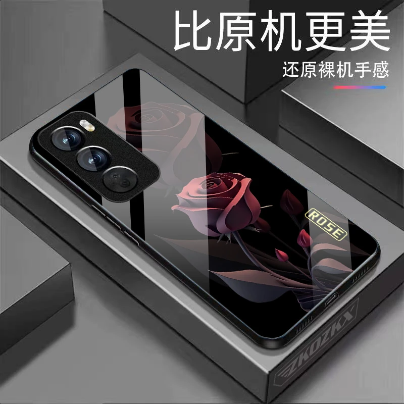 【OPPOReno12】手机壳暗红玫瑰液态玻璃全包边防摔超薄高级男女