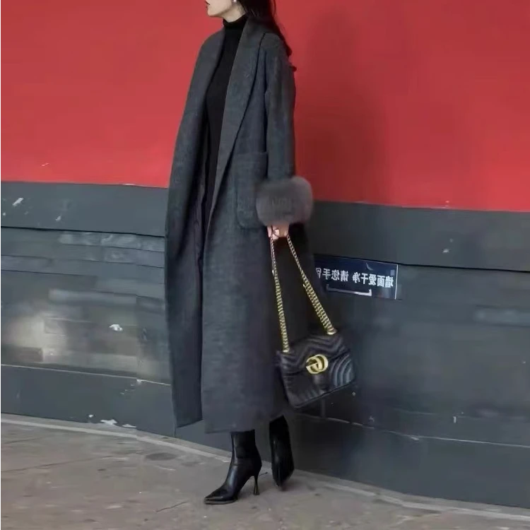 二哥二嫂【毛毛袖大衣】冬季加厚赫本收腰中长款羽绒大衣