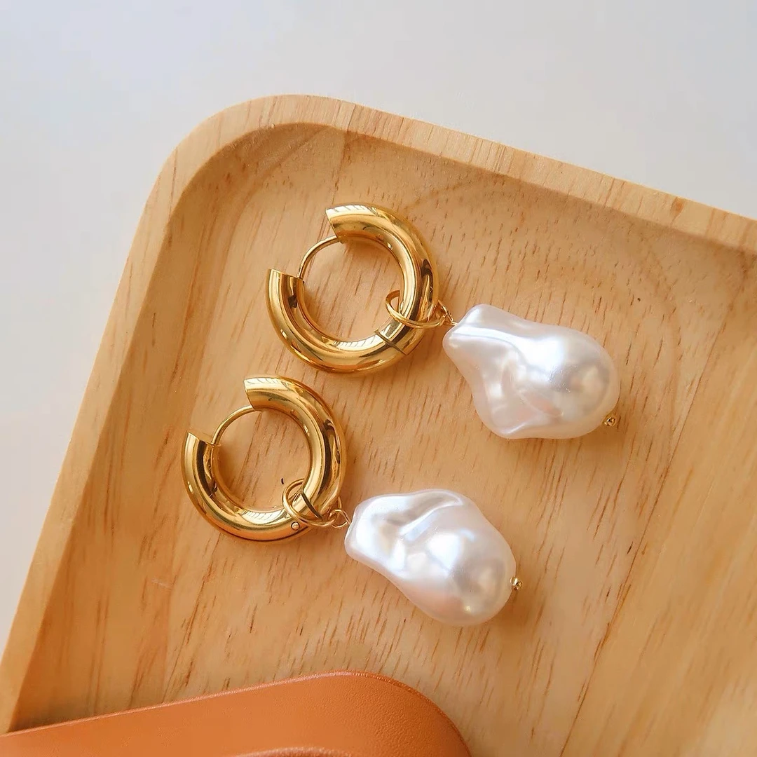 铜合金仿珍珠耳饰 法式高级感巴洛克仿珍珠圈圈耳环可拆卸耳环184