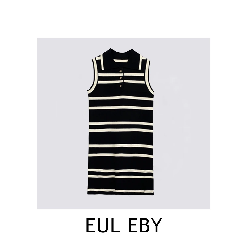 【EUL EBY】黑白翻领条纹针织连衣裙241413#