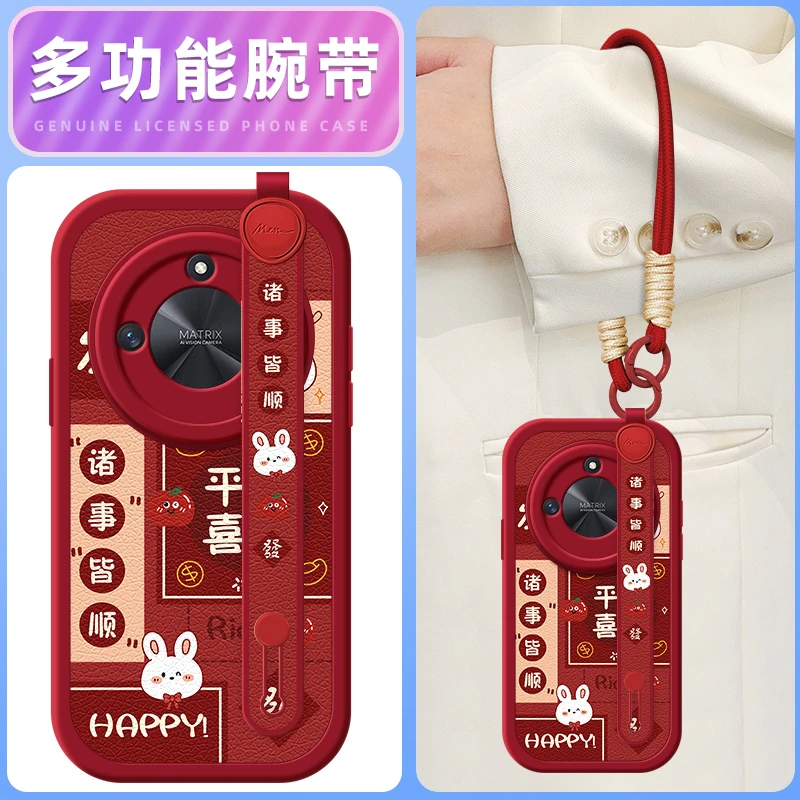 平安喜乐适用荣耀X50手机壳小羊皮新款腕带斜挎挂绳软套保护支架