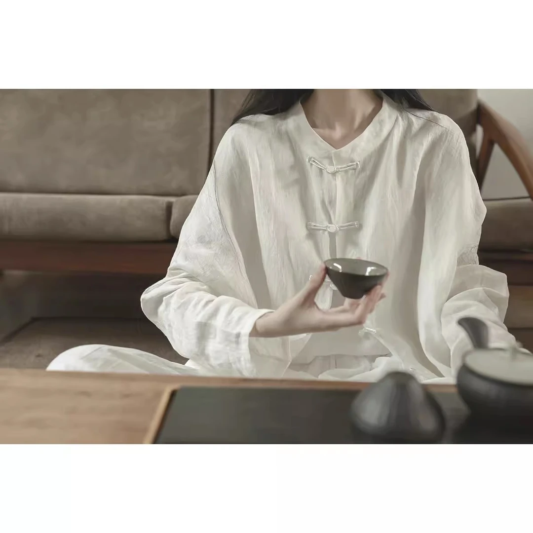 利休白茶 禅意套装宽松衬衫文艺茶服新中式修行服饰女唐装