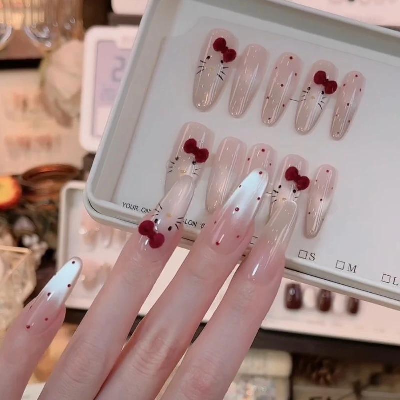 【丝绒KT猫】纯手工穿戴甲可爱猫眼蝴蝶结爆闪显白美甲贴片高质量美