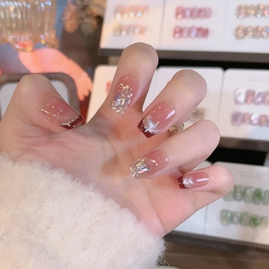 半糖红茶】纯手工穿戴甲粉红法式猫眼爆闪高级感美甲贴片可拆卸冬