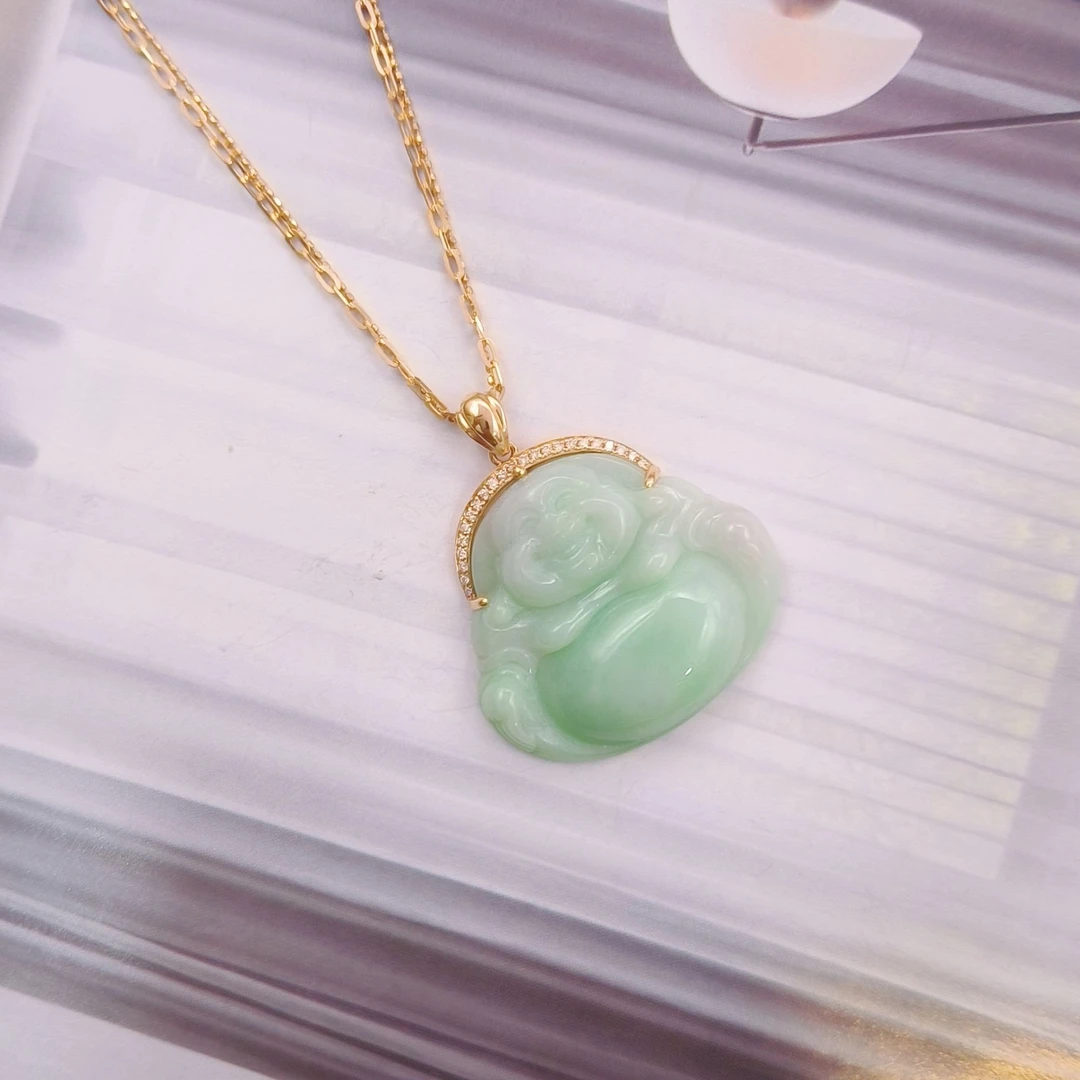 18K金 【翡翠绿色佛公项链】