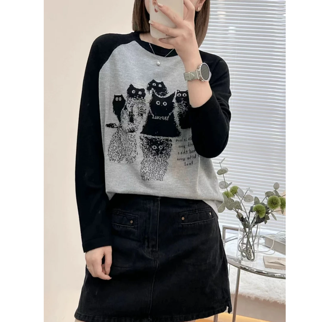 秋冬新款细针好多小黑猫提花圆领针织衫套头打底女8761