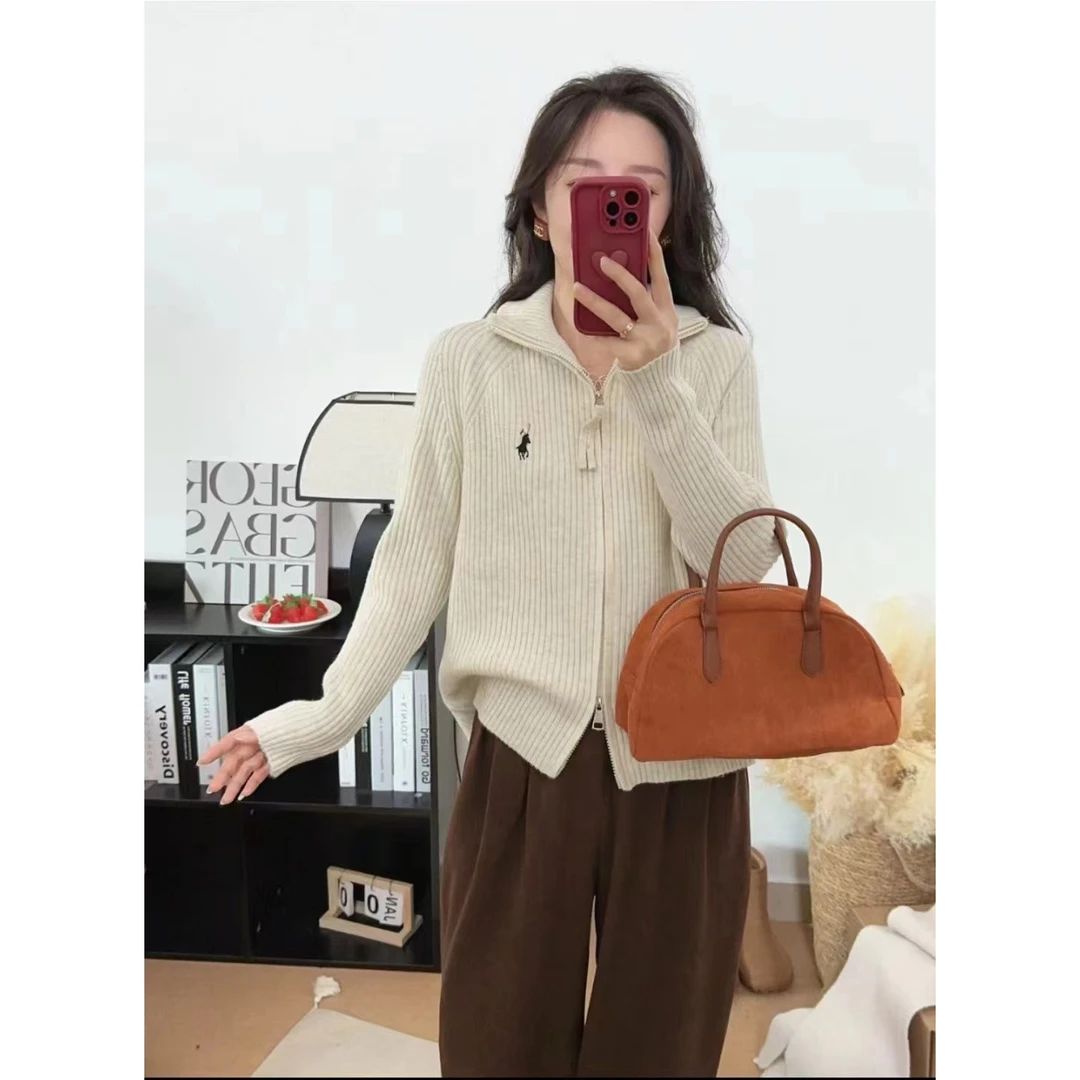 2024秋冬新款韩版竖条刺绣小马拉链长袖宽松百搭休闲针织开衫5485