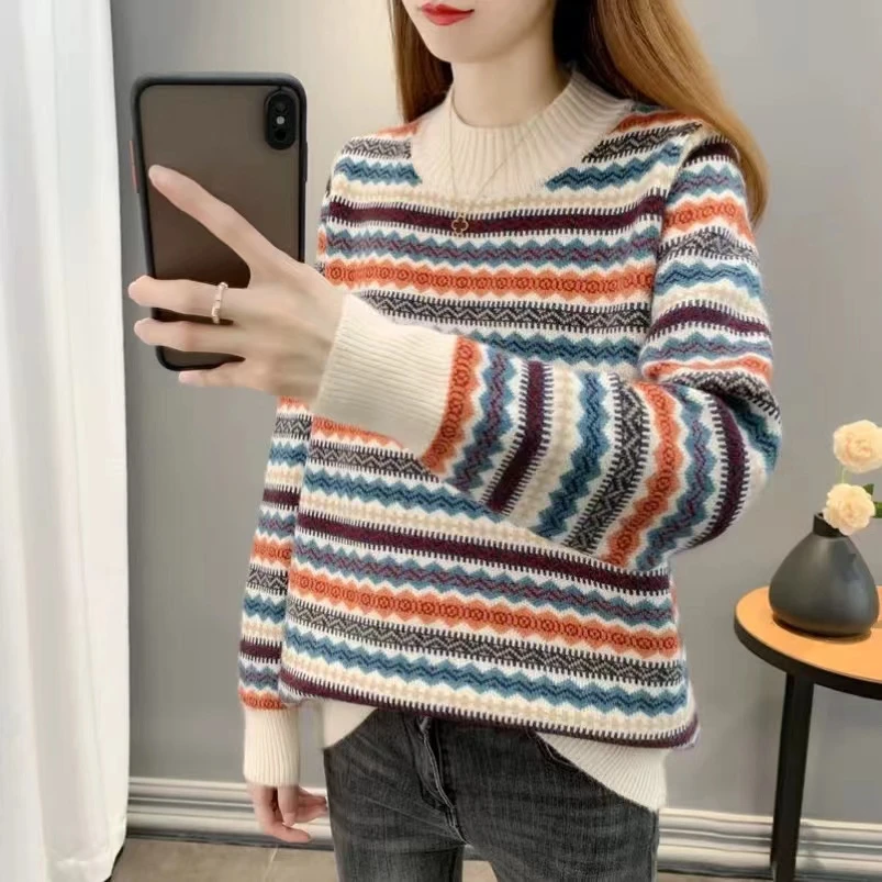 秋冬新款乱花双面提花针织衫套头毛衣女2257