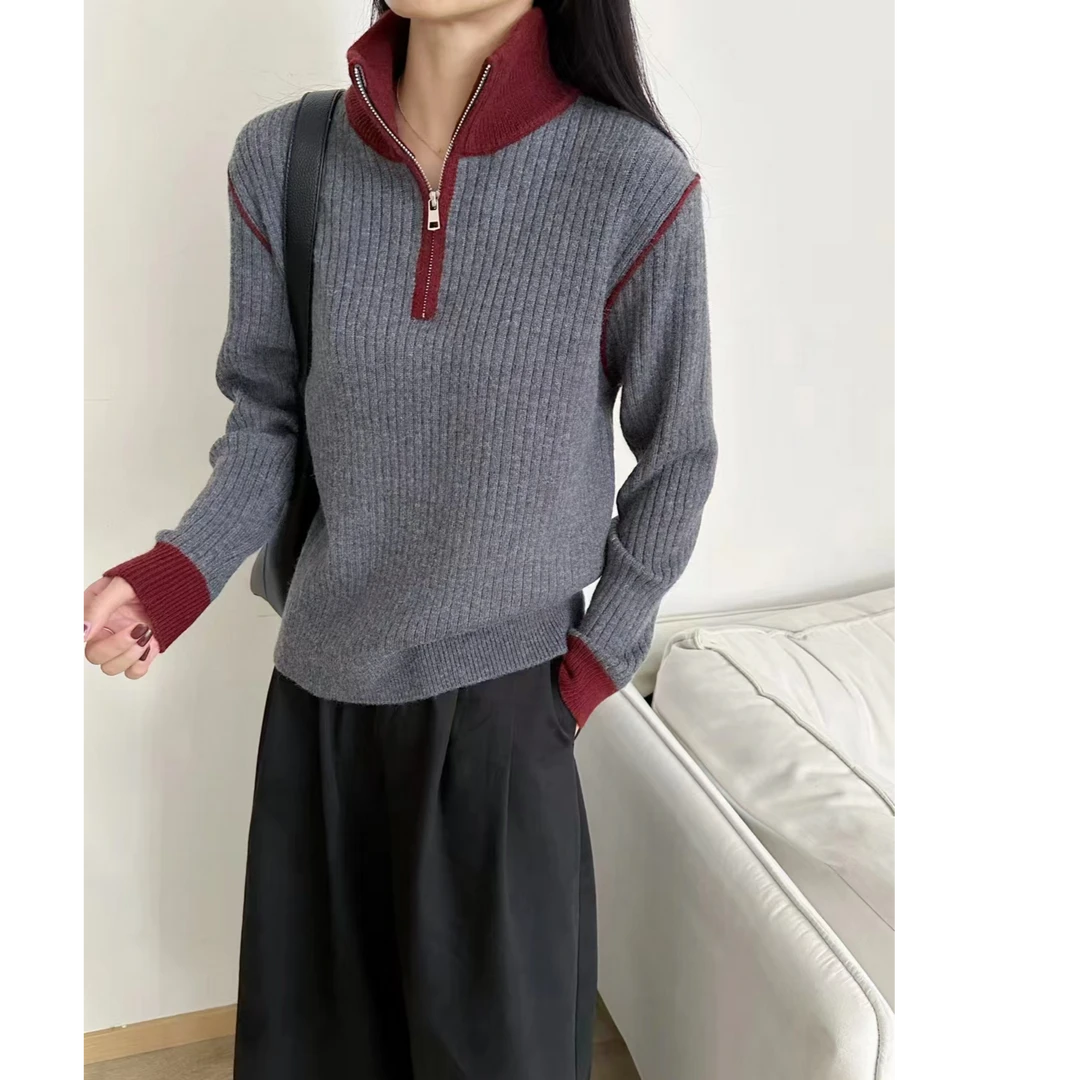 秋冬新款立领半拉链拼色简约宽松针织衫套头毛衣女3032