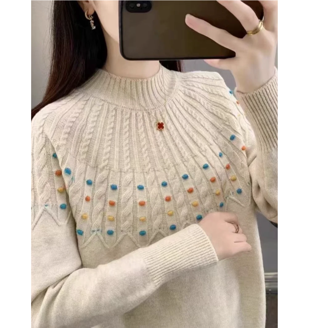 彩点扇形麻花半高领针织打底衫秋冬季新款上衣宽松韩版毛衣女3699