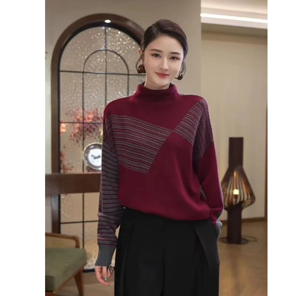 双面穿！秋冬新款堆堆领撞色宽松百搭时尚针织套头毛衣女9553-0