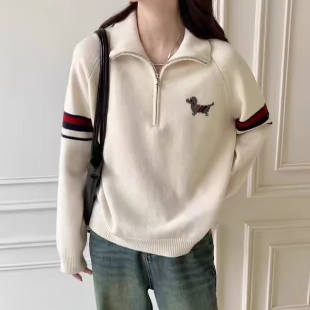 秋冬新款小狗提花立领拉链针织套百搭毛衣女1301-4