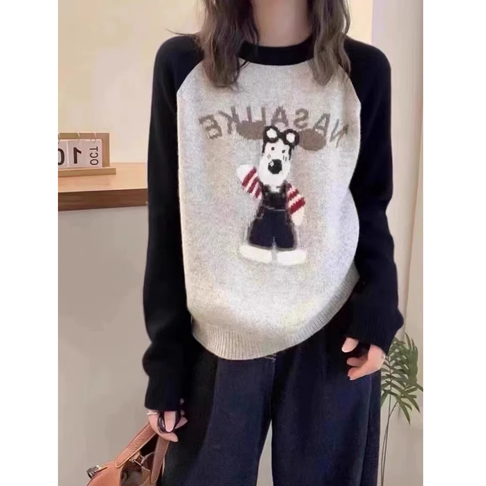 秋冬新款韩版小狗提花圆领套头针织衫毛衣女7713-2