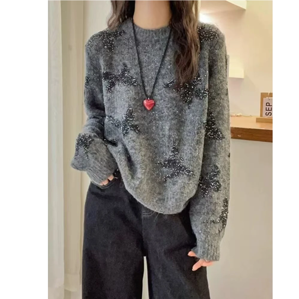 秋冬新款韩版蝴蝶亮片提花圆领长袖针织衫套头宽松毛衣女1603-4