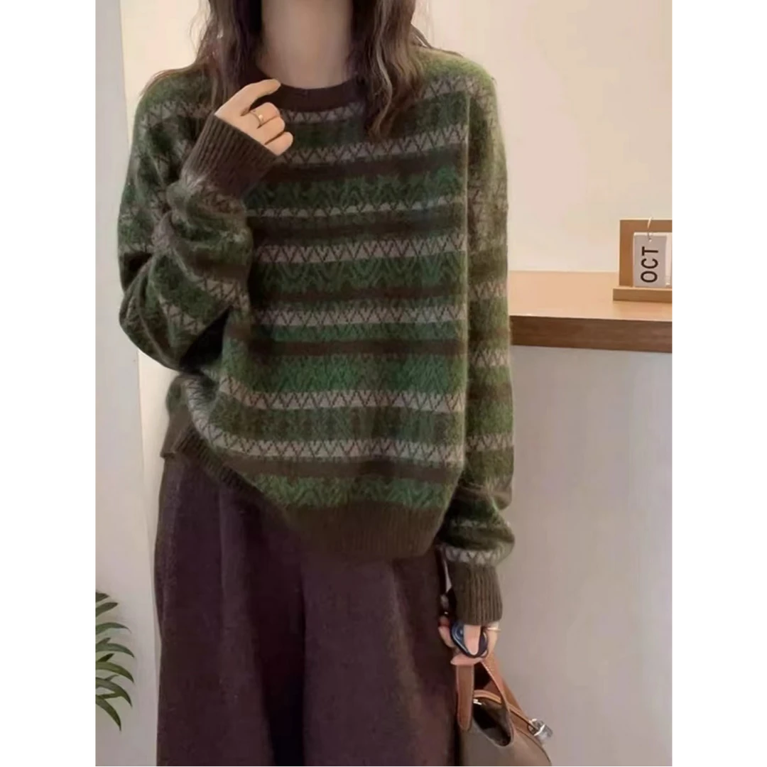 秋冬新款韩版复古拼色圆领长袖宽松针织衫套头毛衣6600