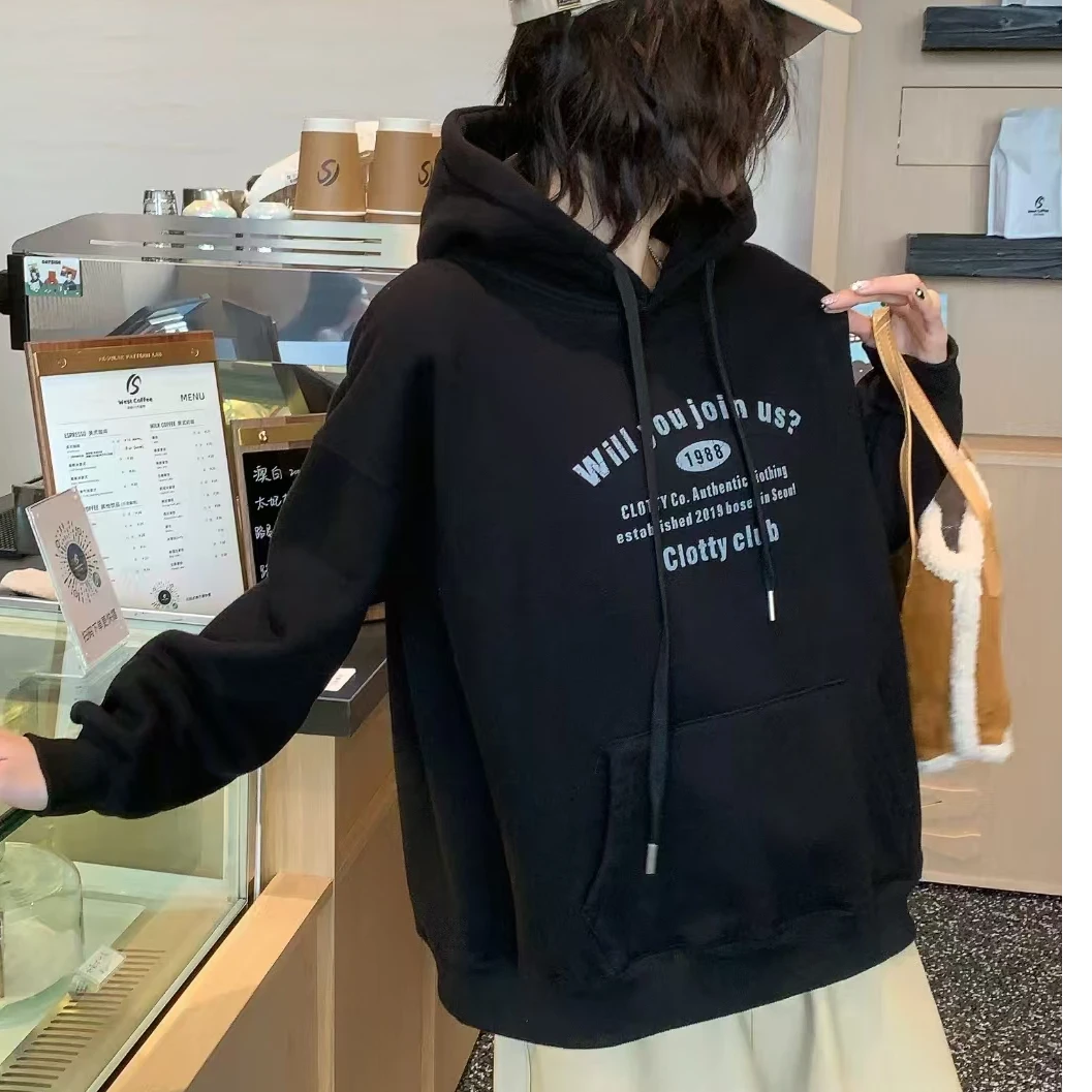 【棉花糖】女士美式1988数字印花加绒连帽卫衣9017